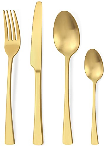 Bestdin set couverts de table dorés 6 personnes, ensemble de couverts inox 24 pièces, Comprend des couteaux/ fourchettes/ cuillères, fini mat et lavable au lave-vaisselle, facile à nettoyer