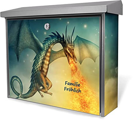 banjado® Burgwächter Briefkasten Edelstahl 38,5x31,5x12cm mit Motiv Drachen/Briefkasten Edelstahl ohne Zeitungsfach/Briefkasten grau/Postkasten inkl. Montagematerial & 2 Schlüsseln