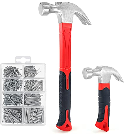 C&T 2 Piece Hammer Set,8oz Stubby Claw Hammer With Magnetic Nail Starter & 16oz Fiberglass General Purpose Claw Hammer & 560pcs Hardware Nail Assortment Kit, Soft Nonslip Handle & Heat Treated Head