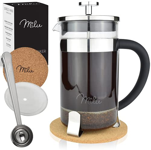 Milu cafetiere a piston presse à café | 350ml 600ml 1L | french press Verre, Ensemble comprenant un sous-verre, une cuillère, un filtre de rechange supplémentair (Acier inoxydable, 600ml (3 tasses)