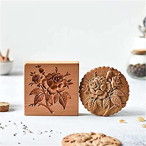 CaOJing Moules à biscuits en bois 3D, Cookie Biscuit Press Stamp Molds, Moules de gaufrage sculptés en bois bricolage pour la cuisson Pâtisserie de Noël Fondant Pain (Rose)