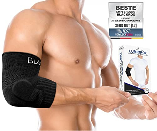 BLACKROX Ellenbogenbandage [Vergleichssieger 2024] Gr. S-L | Für Damen & Herren | Tennisarm Bandage | Perfekt für Sport, Golf, Tennis & Bodybuilding | LUMIORO | Schwarz Gr. M