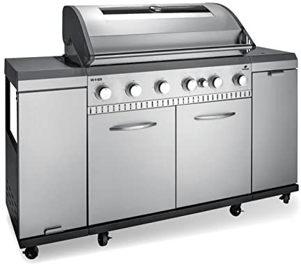 LANDMANN Rexon cooK PTS 6.1 Gasgrill | 6+1 stufenlos einstellbare Edelstahlbrenner | cooK-Zone für die perfekte Beilage | Doppelwandiger Deckel mit integriertem Thermometer & emaillierte Grillroste