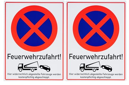 Hinweisschild Feuerwehrzufahrt!, 2 Stück, 40 x 30 cm, 1 mm starkes PVC Schild mit Bohrlöchern, Einfahrt- und Ausfahrt Schild für Innen- und Außenbereich, Halteverbot Warnschild, Parken verboten Sign