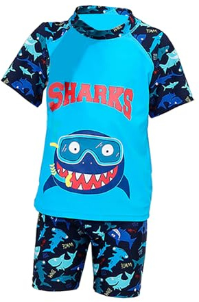 NautySaurs Tvådelad baddräkt för pojkar, UV baddräkt, dinosaurie, haj, strandkläder, badshorts, badskjorta, set, Dykhaj blå, 5-6 år