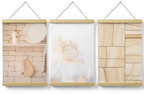 Feeby Posterleiste Set 3 Bilder Pampasgras Blätter 40x60 cm Magnet Halter Leisten Posterhänger Wohnzimmer Bild Bilder Bilderleiste Bilderrahmen aus Echtholz Teakholz Stillleben Marmor Beige