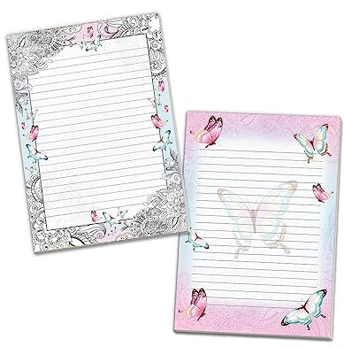 2 Motiv Schreibblöcke Briefpapier liniert für Mädchen Kinder Schule Schmetterlinge Blumen (1 Block bunt und 1 Block zum Ausmalen A5 mit je 25 Blättern)