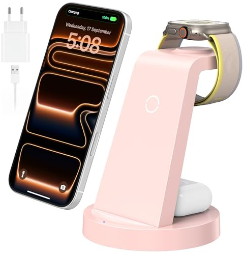 3 in 1 für iPhone Ladestation Induktive Wireless Charger | für iPhone 17 16 15 14 13 12 & für Apple Watch, für AirPods mit 18W Adapter, Ohne Kabelchaos für Zuhause und Reisen, Rosa