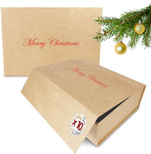 Verpackungswelt Geschenk-Box Weihnachten (10 Stk.) | 31x22x10 cm | Geschenk-Karton mit Deckel & Magnet-Verschluss für Weihnachtsgeschenke | Weihnachtsverpackung mit Aufschrift 'Merry Christmas' Rot