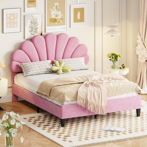 MQLAE Kinderbett Polsterbett 140 x 200 cm, Bettgestell mit Kopfteil in Blumenform und Lattenrost, Teenie-Mädchenbett in hautfreundlichem Samtstoff, Doppelbett Gästebett Jugendbett (Rosa)