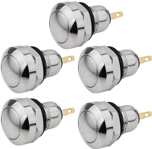 CLDIY Interruttore a pulsante in metallo, impermeabile, punto argentato, 8 mm, mini rotondo, DC36 V/2 A, per campanello Power Start, base dorata, 5 pezzi