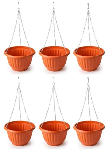 AC - Pack de 6 macetas Redondas Colgantes, plástico, Tiesto, macetero, Recipiente para Plantas, Flores, balcón, terraza, hogar, Fabricada en España (Marrón - 25 x 15 cm)