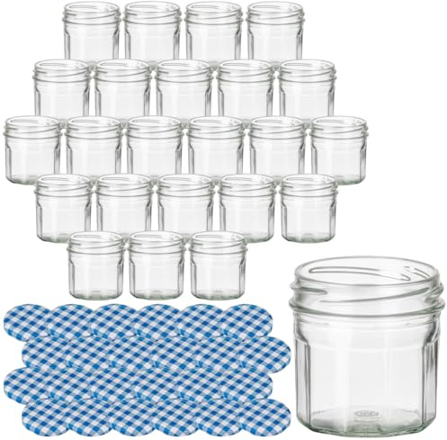 gouveo 24er Set Einmachgläser 100 ml (0,10 l) Dekagon Twist-Off Schraubdeckel aus Metall blau-weiß kariert, kleine Vorratsgläser zum Portionieren & Beschriften inkl. Etiketten (EGD100KB)