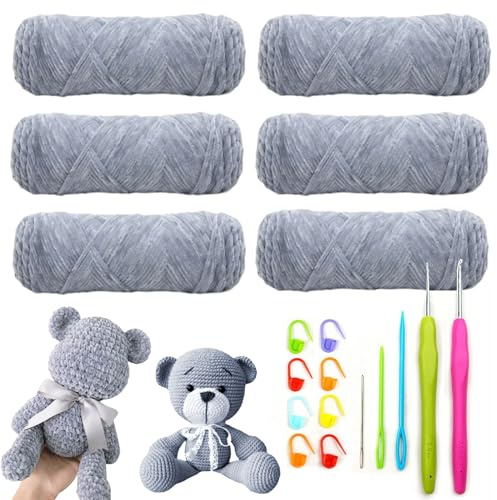 Osuter Chenille-Strickwolle für Babys, 600 g, super weich und dick, geeignet zum Häkeln und Stricken von Schals, Mützen, Hellgrau