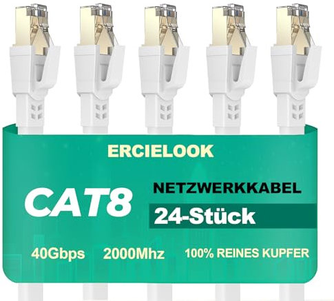 Ercielook Lan Kabel 0,25m-24 Stück - Flach Hochgeschwindigkeits 40 Gbit/s Cat8-Netzwerkkabel für den Außen- und Innenbereich, wetterfest, UV-beständig für Router/Gaming/Modem
