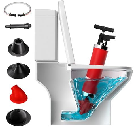 Qcesorib Desatascador Émbolo de Inodoro de Alta Presión, Desatascador Tuberias a Presion Desatascador Tuberias Profesional con Manómetro Visual, 4 Cabezales Intercambiables, Rojo
