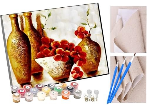 KANGBAWA Paint by Number for Adults Beginner Canvas Retro Ceramic Fruit Plate Painting by Numbers Kits with 3 Brushes and Acrylic Paint(16X20 Inch)