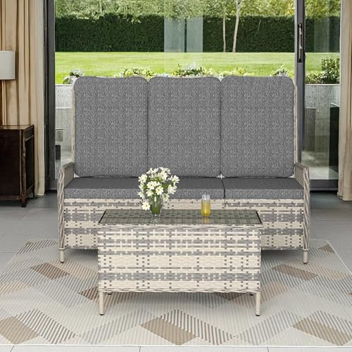 Trumbeak Polyrattan Lounge Set - 3 Personen Gartenmöbel Sitzgruppe Tisch - Sitzgarnitur mit Verstellbarer Rückenlehne aus Gartensofa,Beistelltisch für Garten Terrasse,Gruy