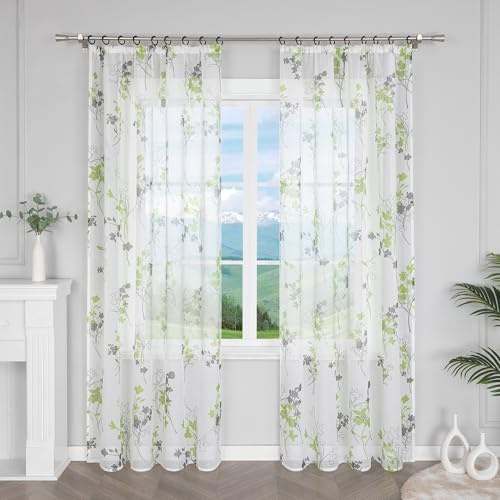 Delien Voile Transparente Gardinen mit Blattmuster für Wohnzimmer Fenster Vorhang Durchsichtig schals Modern Vorhänge mit Kräuselband,BxH 140x175cm,Grün