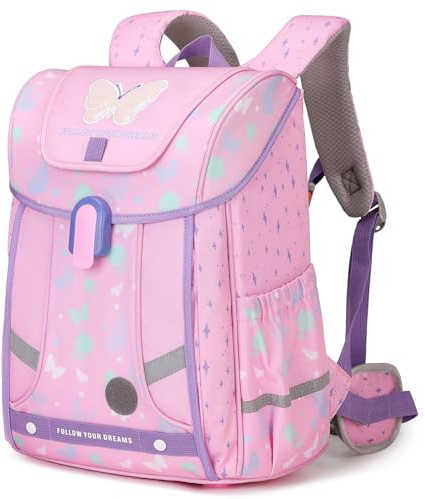 Amythe Schulrucksack Mädchen Ergonomisch 1-4. Klasse mit Brustgurt | Kinderrucksack Schule 6-10 Jahre Schulranzen mit Abnehmbarer Gürtel und Reflektierend 24L, Rosa