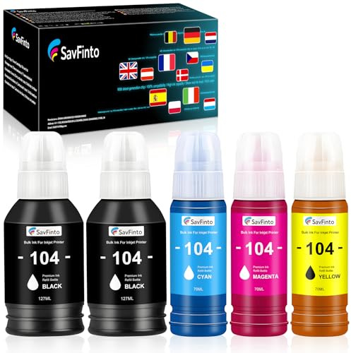 SavFinto 104 Tinte Ersatz für Epson 104 Tintenpatronen Nachfülltinte Kompatibel mit Epson EcoTank ET-2710 ET-2711 ET-2712 ET-2714 ET-2715 ET-2720 ET-2721 ET-2726 ET-4700 (5 Stück, 2BK/C/M/Y)