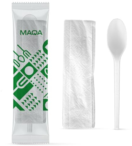 MAQA 100 Kit Cucchiaio Riutilizzabile in CPLA + Tovagliolo 2 Veli – Imbustati Singolarmente – Compostabili e Certificati per Uso Alimentare – Ideali per Catering, Take Away, Eventi e Uffici