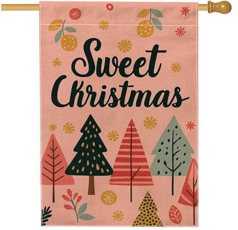 Süße Weihnachts-Gartenflagge, Pfirsichbäume und Ornamente, Urlaubsdekoration, doppelseitiges Jute-Hofbanner für den Außenbereich, Rasendekoration, 71,1 x 101,6 cm
