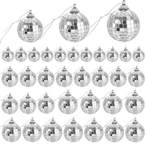 Hängekugel Spiegelkugel, 36 Stück Disco Spiegel Ball, Discokugel Deko | Silber Spiegelkugel zum Aufhängen, Mini Discokugel Deko für Kuchendekoration Party Bar Urlaubsdekoration(4/3/2cm)