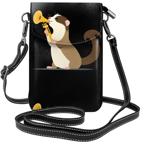 YYHHAOFA Petit sac à main pour téléphone portable 19,3 x 12,4 cm, motif furet soufflant d'une trompette, étui à rabat en cuir pour femme, parfait pour la marche, le camping, noir
