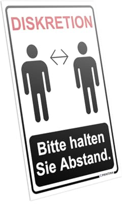 PRINTIMA Schild DISKRETION – Bitte halten Sie Abstand. 21x32 cm – Abstand halten Hinweisschild – Aluminium – wetterfest – mit Dübeln – für Diskretionszonen
