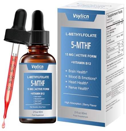 Liquid Methyl B12 & Active Folate Drops - 15mg L-Methylfolate & 1000mcg B12 for Brain, Nerve & Mood Support - Berry Flavour Sublingual Supplement - 2 Fl Oz