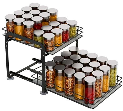 Micvtve 2 Tier Pull Out Spice Rack With Adjustable Height for Inside Cupboard, Pull Out Spice Rack Cabinet Organiser, Metal Kitchen Organiser, Storage Rack, 9.1in W x 11in L x 8.3in H