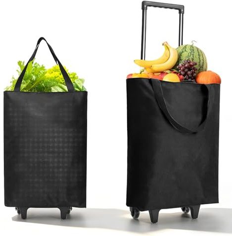 Chingcoo 2-in-1 Einkaufstrolley Klappbar 30L Groß – Leichter Shopping Trolley auf Rollen mit Tasche und Löser, ideal für Camping und Reisen (Schwarz)