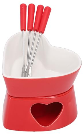 SUNGOOYUE Heart Shaped Fondue Mug Set, Romantic Red and White Ceramic Chocolate and Cheese Fondue Pot with 350ml Capacity, for Date Night, Party, Wedding Gift