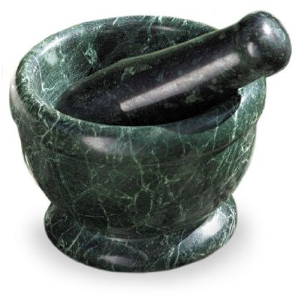 Küchenmörser Mörser Ø 12 x 9 cm aus Serpentin grün Naturstein mit Marmor Optik, Reibschale Zerkleinerer dickwandig massiv mit Stößel, Räuchergefäß Räucherschale