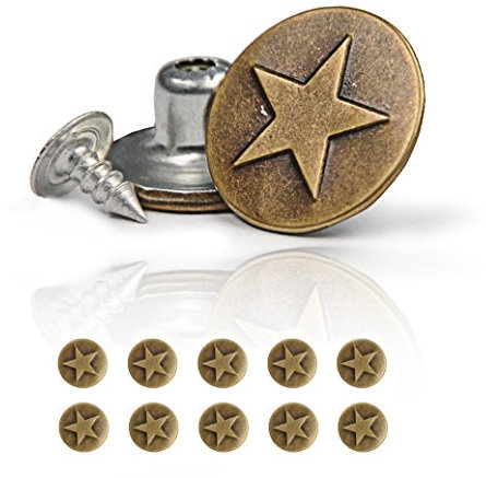 Set Knöpfe, Hosenknopf, Hosenknöpfe, Ersatzknopf – Verschiedene Motive, Hosenknopf mit Nietenverschluss, Jeansknopf, Knopf aus Metall, Farbe: Bronze – Marke Ganzo (10er Set, Stern)