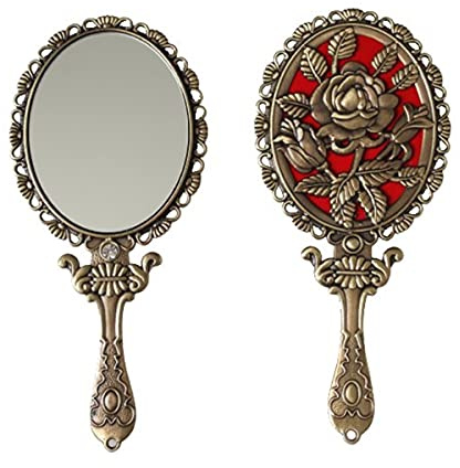 SEHAMANO - Espejo de Mano Vintage con Rosa en Relieve en la Parte Posterior, Espejo de Mano para Maquillaje de Belleza, Espejo de Metal Compacto, Espejo pequeño (latón (Oro Mate)