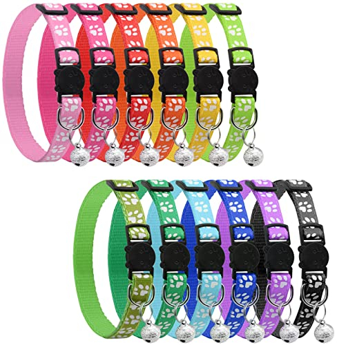 onebarleycorn Katzenhalsband,Halsband Katze Katzenhalsbänder mit Sicherheitsverschluss Katzen Halsbänder mit Glöckchen Reflektierend Katze Halsband Verstellbar(12-Stück)