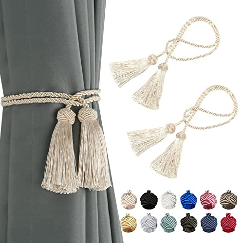 BEL AVENIR 2 Pack Curtain Handmade Tiebacks Decorative Curtain Holdbacks with Tassel (Beige, 2 Pack)