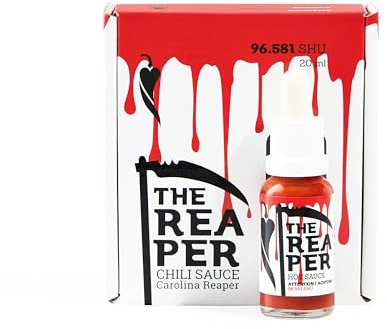 The Reaper 20 ml – Salsa Picante Carolina Reaper Extrema – 96.581 SHU – Fermentada & Vegana – Estilo Louisiana – Para Verdaderos Amantes del Picante
