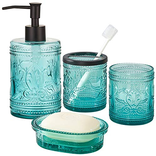 Juego de 4 Accesorios de baño de Cristal Azul Turquesa con patrón Decorativo prensado – Incluye dispensador de jabón de Manos, Vaso, jabonera y Soporte para Cepillo de Dientes (Azul Turquesa)