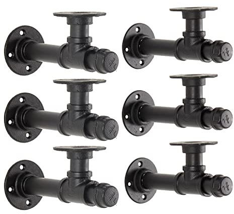 YCCO Industrial Pipe Shelf Bracket 6.7,Iron L Pipe Shelving Wall Floating Shelf Bracket for 6-12 Board,Industrial Pipe Shelves Heavy Duty Black Metal Pipe Clothing Rack 6 Pack, Include Accessories