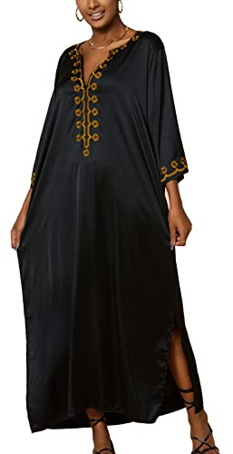 YOUKD Abito caftano ricamato Boho Beach Bikini Cover Up Robe Plus Size Loungewear per le donne, K Black, Taglia unica