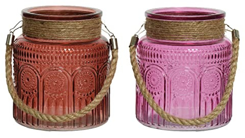 Decoris Windlicht Glas 13x15cm 2er Set mit Henkel Teelichthalter Muster Kerzenhalter Teelichtgläser Hängend
