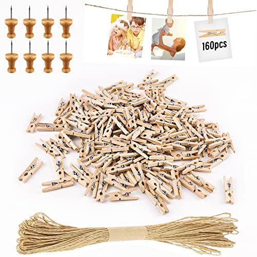 Hengxinc 168 Stück 25MM Mini Holzklammern Klein Mini Wäscheklammern Hochzeit Kleine Holzklammern Für Polaroid Fotos mit 10M Jute String DIY für Fotowand Display Party (Natürliche)