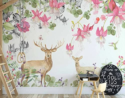 Photo Wallpaper 3D Hand-Painted Campanula Elk and Bird Children's Room Non-Woven Mural Wall Decor 300(W) X210(H) Cm