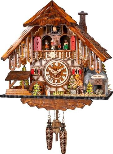 Engstler Quarz Kuckucksuhr Schwarzwaldhaus mit beweglichem Holzhacker und Mühlrad, mit Musik