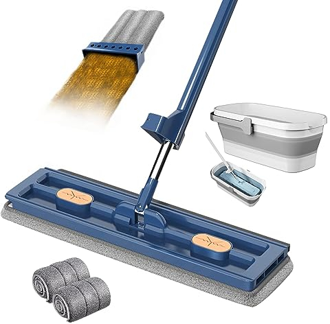 Mopa plana grande, mopa de suelo con función de aro, juego de mopa de suelo giratorio de 360°, mopa plana con almohadillas de microfibra reutilizables, fregona plana, juego de mopa para suelos