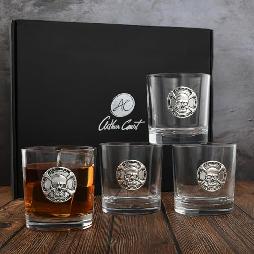 Arthur Court Lot de 4 verres à whisky à double motif tête de mort – Verres à cocktail à scotch à bourbon sans plomb DOF