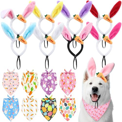Shinylin 16 Pieces Easter Dog Costume Bunny Ears Headband Cute Bandana Funny Easter Puppy Toy Kit Dog Outfit Rabbit Eggs Scarf Bibs for Holiday Pet Puppy Party Accessory